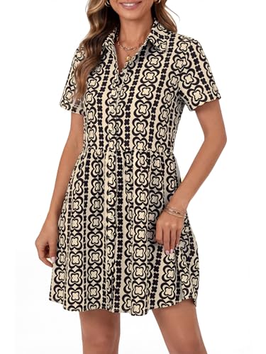 Image of Rooscier Women's Striped Shirt Dress Button Down Collared Short Sleeve Mini Dress