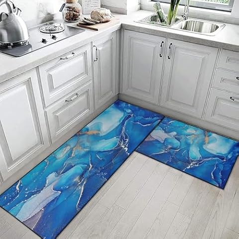 Britown Marble Blue Kitchen Rugs Set Cover