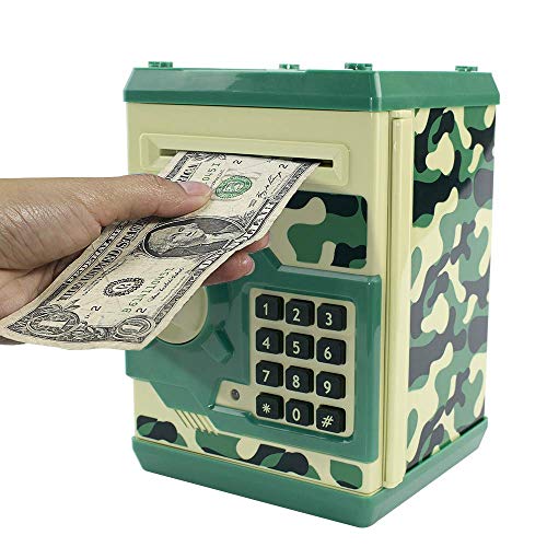 HUSAN Tirelire électronique avec Automatique Argent Faire défiler, Mini ATM Coffre-Fort,Économiser de l'argent Jouet pour Enfants, Anniversaire Cadeau de Noël pour garçons et Filles(Vert Camouflage)