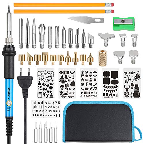 Vastar 45 PCS Kit de Pyrogravure à température réglable, Fer à Souder 60W Pyrograveur Professionnelà Bois, Liège, Cuir et Cire, Fer à souder