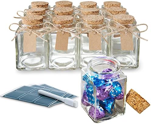 Otis Classic Square Glass Jars with Lids - Set of 12 Mini Glass Jars with Corks for Wedding & Party Favors, DIY Crafts, Potions, Spices & Candy, 3.4 oz