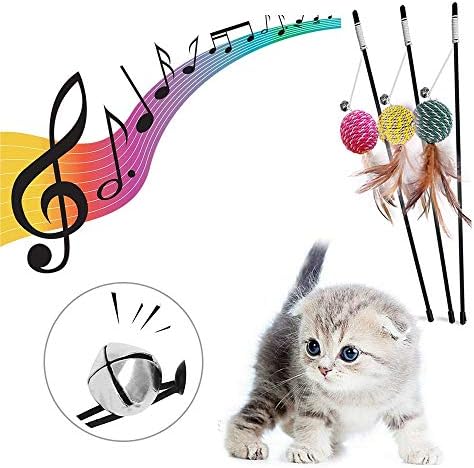 Cat Feather Toys, Interactive Cat Teaser Wand with Bells and Feather, Cat Toys for Indoor Cats Kitten Interactive Training(6PCS)