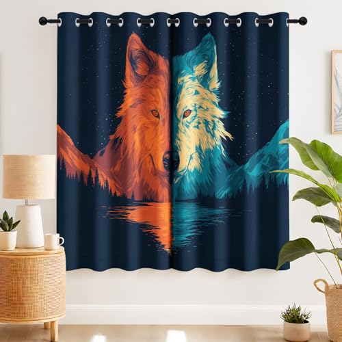 Générique Rideau Occultant Fantaisie Épique- Rideau Thermique Tête Loup Ciel Étoilé Montagne Rideaux Chambre Salon Fenetre, Lot de 2 Rideaux et Draperies...