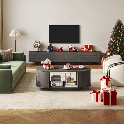 UKAOCAI Coffee Table and TV Stand Set of 2,Entertainment Center with 2 Drawers,78.7'' Modern TV Console,Oval Coffee Table with Storage, Wood Center Tables for Bedroom, Home Office, Grey