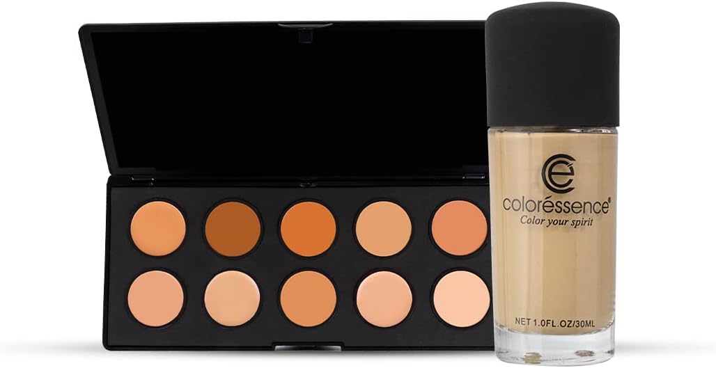 COLORESSENCE HD Makeup Base Contour Highlight Palette 12 Hour Stay Satin Finish Waterproof Concealer Smudge Proof Formula10 Shades - With Free Liquid Foundation (Medium Beige, 30ml)