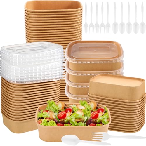 Newtay 100 Sets 17 oz Disposable Kraft Paper Bowls with Lids and Forks and Spoons, Disposable Paper Meal Prep Containers Soup Bowl Leakproof Deli Food Containers Party Supplies for Hot/cold Soup