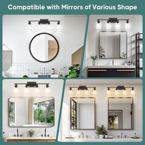 Image of Ascher Bathroom Light Fixtures, 4-Light Vanity Light Over Mirror, Matte Black Wall Sconces with Clear Glass Shades, Wall Lamp for Living Room Bedroom, E26 Base(Bulbs Not Included)
