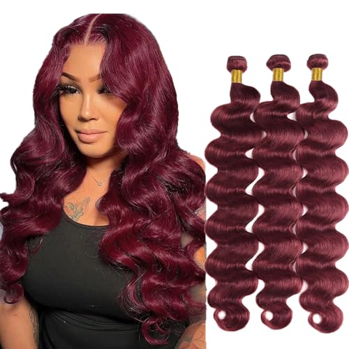FuivJuix #99J Burgundy Bundles Human Hair Wine Red Body Wave Bundles 18 20 22 Inch Brazilian Virgin Hair Burgundy Body Wave Bundles Human Hair Extensions 3 Bundle 50 Gram Per Bundle