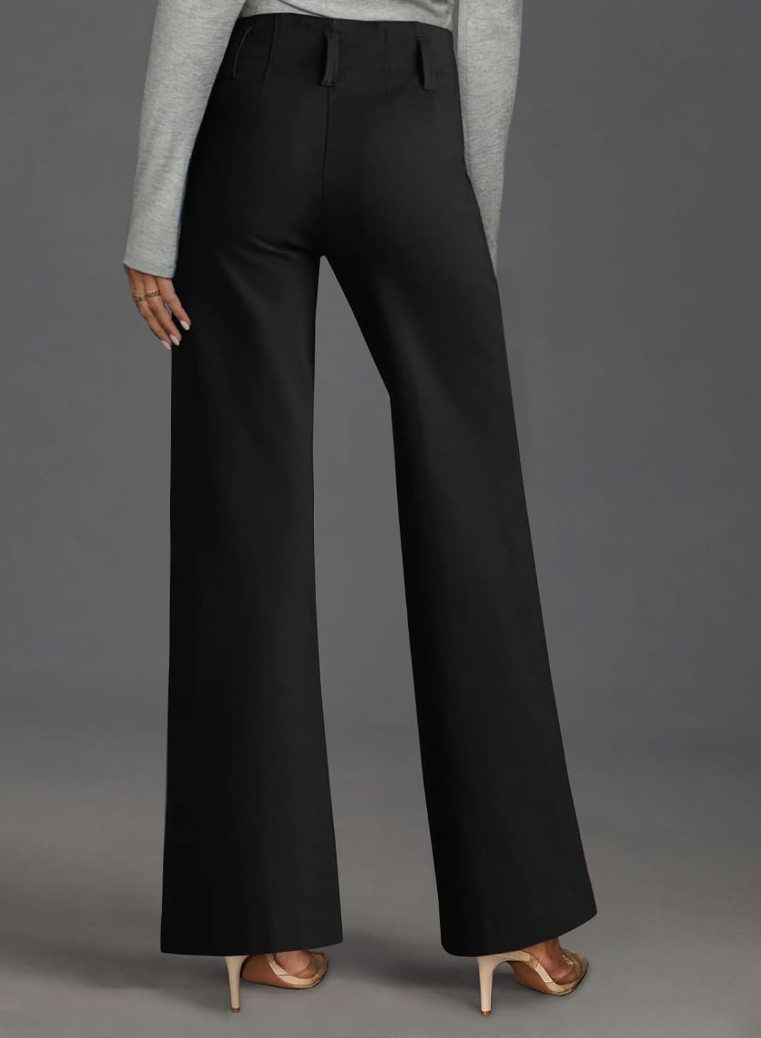 miduo Womens Solid Stretchy Buttons Wide Leg Straight Leg Long Flare Pants Trousers with Pockets - Image 4