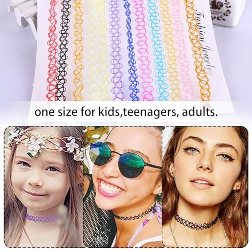 Heyumybi 12 Stück Choker Halsband Tattoo Kette Set,Elastische,Tattoo Halskette Mädchen Damen,Choker Gothic,Neon Kette für Mädchen Damen Kinder