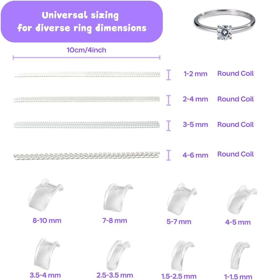 Ring Size Adjuster for Loose Rings 12 Pack | Invisible Ring Guard Insert & Spiral Resizer Kit | Comfort Fit for Women/Men (12 Sizes + Polishing Cloth)