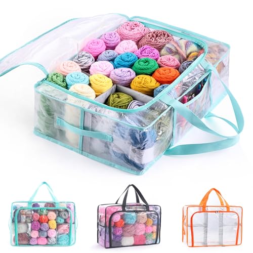 MYBAGZING Clear Yarn Storage Bags, 21" Large Flat Under Bed Yarn Organizer with Zipper & Handles, Stackable Knitting and Crochet Storage for Closet Shelves, Craft Room, Yarn Skeins, Hooks & Needles