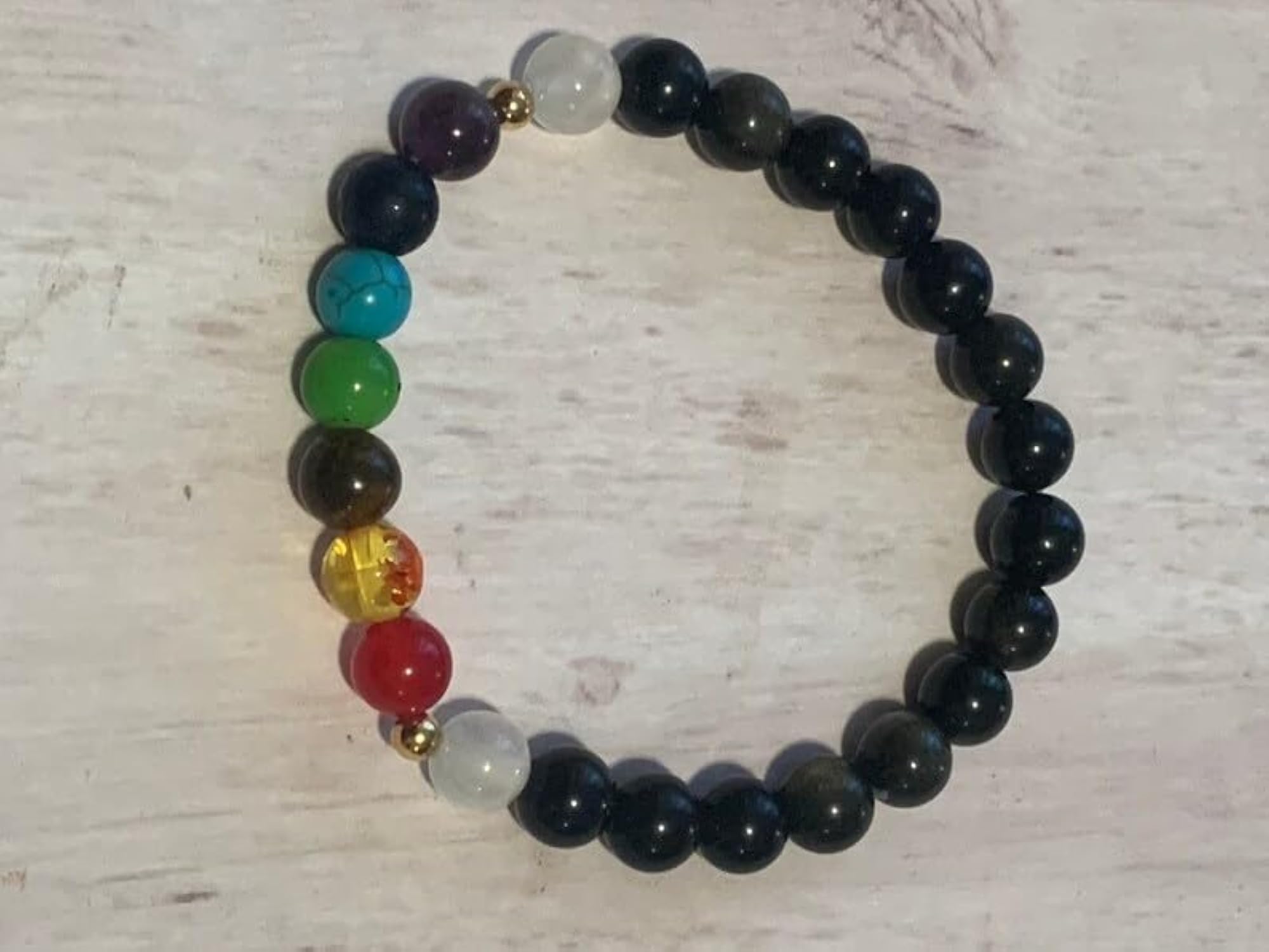 Natural 7 Chakra & Black Obsidian Gemstone Stretch Bracelet, Unisex Healing