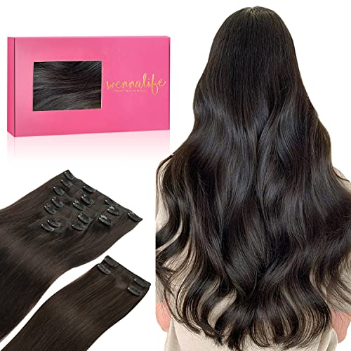 WENNALIFE Clip in Hair Extensions, 150g 22 Inch 9pcs Dark Brown Remy Hair Thicker Double Weft Extensiones De Cabello Humano Con Clip Ins Straight Full Volume