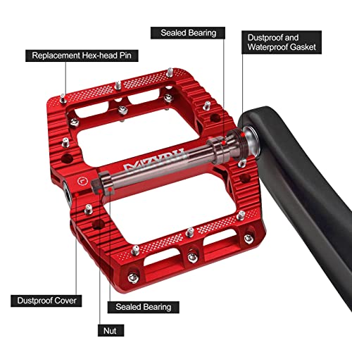 Mzyrh Road/Mountain Bike Pedals Mtb Pedals Bicycle Flat Pedals 3 Bearings 9/16” Aluminum Alloy Bicycle Platform Pedals For Bmx Mtb (Red) #TOP2