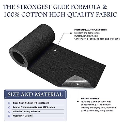 Image of KING MOUNTAIN Iron-on Repair Patch,3 inchx60 inch100% Cotton Denim Iron-on Repair Patch, Jeans and Clothing Repair and Decoration Kit (Black)