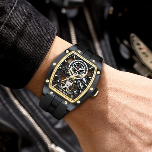 Image of MF MINI FOCUS Unique Men Watches,Automatic Mechanical Watch,Luxury Hollow Tonneau Watches for Men with Stainless Steel Case and Silicon Band (Self-Wind Movement /5ATM Waterproof /Super Luminous)