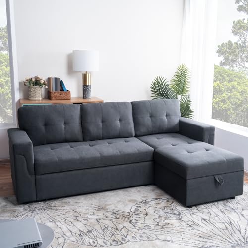 Multifunctional Sectional Sofa with Pull-Out Sleeper Bed & Hidden Storage – Reversible Chaise dark Gray, Velvet – Space-Saving, Durable, Stylish & Easy DIY Assembly for Apartments & Small Homes