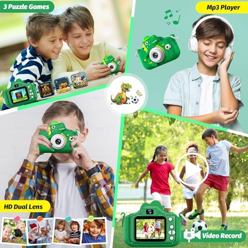 Dinosaur Kids Camera for Boys Girls, Toddler Digital Selfie Camera with Cute Protective Cover and SD Card, Christmas Birthday Gifts Toys for 3 4 5 6 7 8 9 10 11 12 Years Old Little Girls and Boys - 4