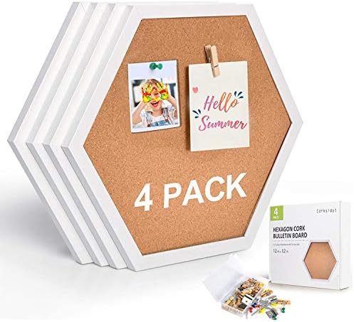 Corksidol Cork Tiles 12"x12" - 1/2" Thick -Bulletin Board-Cork Board- Modern Framed Hexagon Cork Board Tiles for Floor/Wall/DIY-4 Pack-20 Push Pin Wood Clips（White）