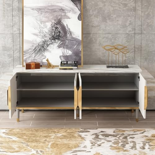 Image of Sonic Console Table, White Marble Top, Charcoal Louvers, Gold Accents, 66 x 15 x 22 Inch, Modern Entryway Storage Cabinet, Waterproof Plywood, PVD-Coated Legs, Elegant TV Unit