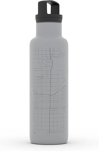 Miniatura 303 de Well Told Botella de agua aislada con mapa Chicago Illinois, grabado de acero inoxidable (21 onzas, gris muelle) botella aislada de mapa