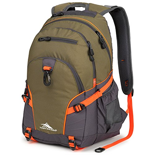 Image of High Sierra Loop Backpack, School, Travel, or Work Bookbag with Tablet Sleeve, Moss /Mercury /Electric Orange, One Size