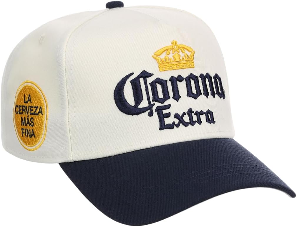 Corona Beer 2-Tone A-Frame Adjustable Snapback Cap (Cream/Navy, One Size) | 100% Cotton Outdoor Sports Baseball Cap for Men and Women | Beer Inspired Apparel