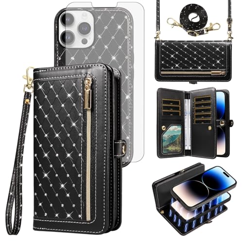 Coque portefeuille cuir noir iPhone 14 Pro 6,1 pouces haute résistance avec fentes cartes