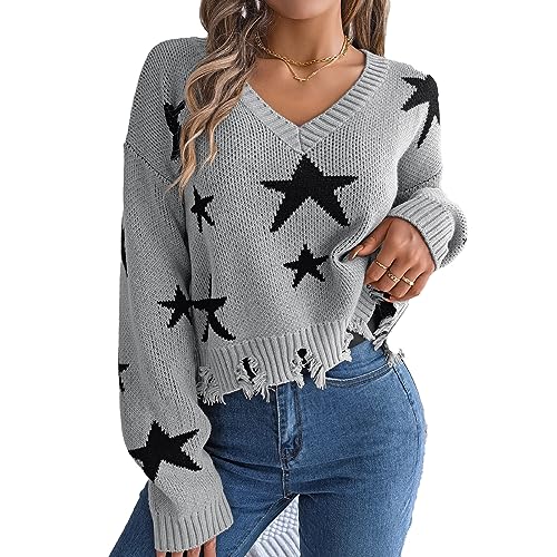 Camiseta feminina de manga comprida, gola V, túnica, casual, estampa de estrelas, tops casuais, Cinz