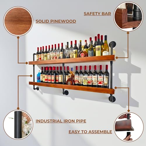 Industrial Wine Rack Wall Mounted, Solid Wood Shelf with Metal Pipe Brackets, 2-Tier Rustic Hanging Organizer for Wine Bottle Storage in Kitchen, Bar, Pub, Cellar(Walnut Brown, 60 Inch)