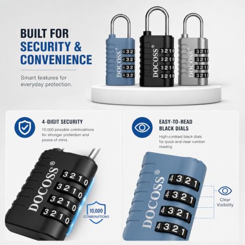 Image of DOCOSS Metal 4 Digit Combination Number Lock for Luggage Bag,Water-Resistant & Hardened Shackle,Pack of 3 (Black,Silver, Blue)