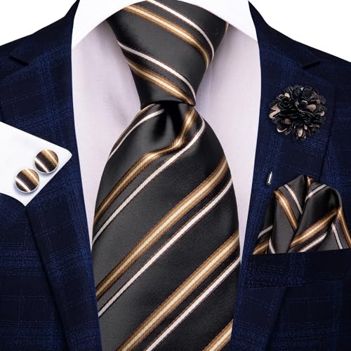 Image of Hi-Tie Men Silk Ties Set with Flower Lapel Pin Necktie Pocket Square Cufflinks for Tuxedo Wedding Business