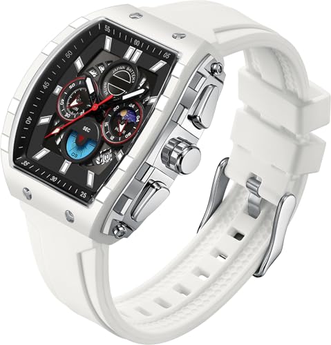 findtime Men's Watch Analogue Watches Fashion Tonneau Rectangle Sport Wrist Watch Military Quartz Chronograph Waterproof Watches with Luminous Calendar Curved Screen