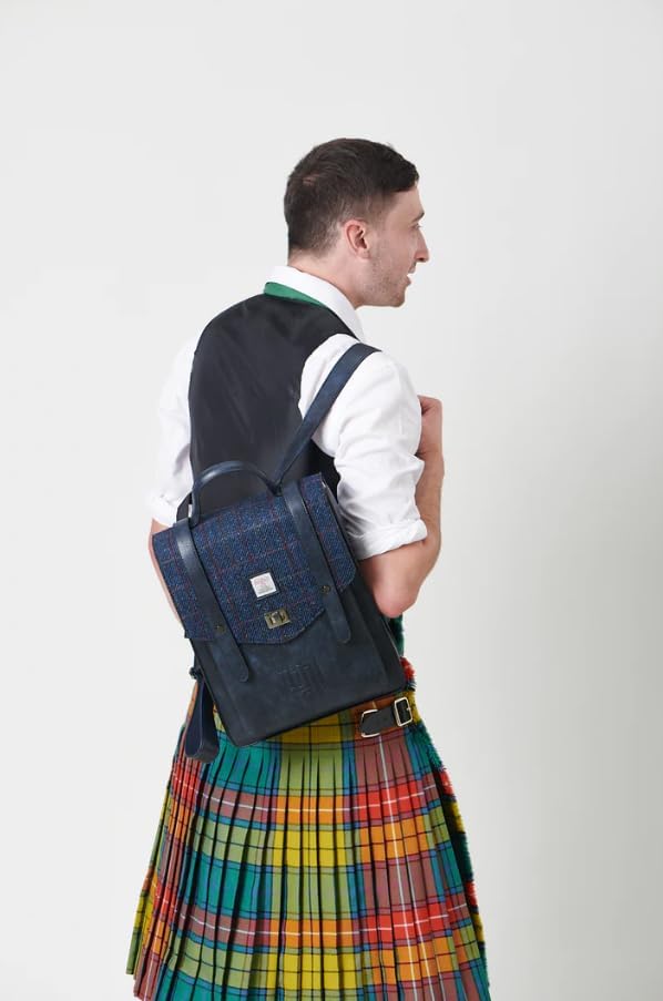 Islander Carloway Backpack for Men & Women, With Laptop Sleeve, Harris Tweed Vegan Leather (Navy Over-Check) - Image 2
