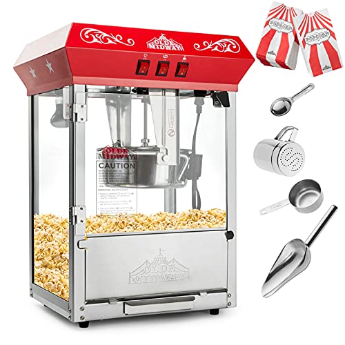 Olde Midway Bar Style Popcorn Machine Maker Popper With 8-Ounce Kettle - Red #TOP1