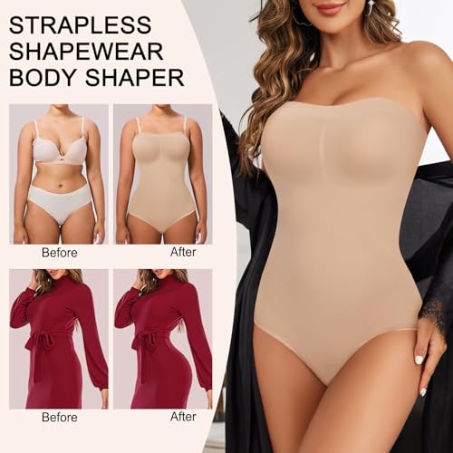 Image of Strapless Shapewear for Women,Tummy Control Bodysuit With Built In Bra,Seamless Body Shaper Tube Top Body Suit