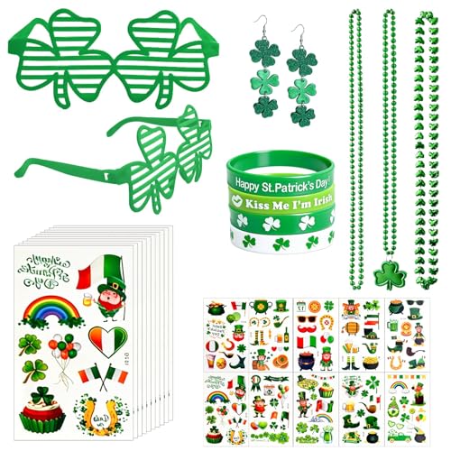 SHEHARUHI 21 PCS St Patricks Day Accessories Party Favors Set Irish St Patricks Day Earrings Shamrock Decorations Glasses Necklaces Bracelets Tattoos Stickers