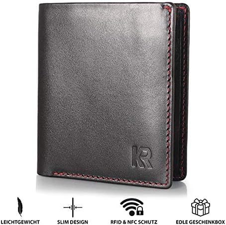 KRONIFY Odysseus mini portfel męski wykonany ze skóry I idealny rozmiar do kieszeni spodni I przetestowana przez TÜV ochrona RFID I czarny portfel z czerwonymi akcentami I portfel I portfel dla mężczyzn