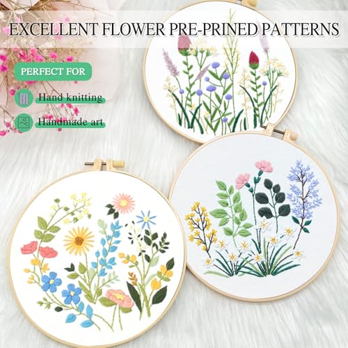Image of naexuauu Adult Embroidery Kit for Beginners DIY Materials with 3 Bamboo Hoops and Pre-Printed Patterns with Step-by-Step Tutorials Suitable for Home Decoration