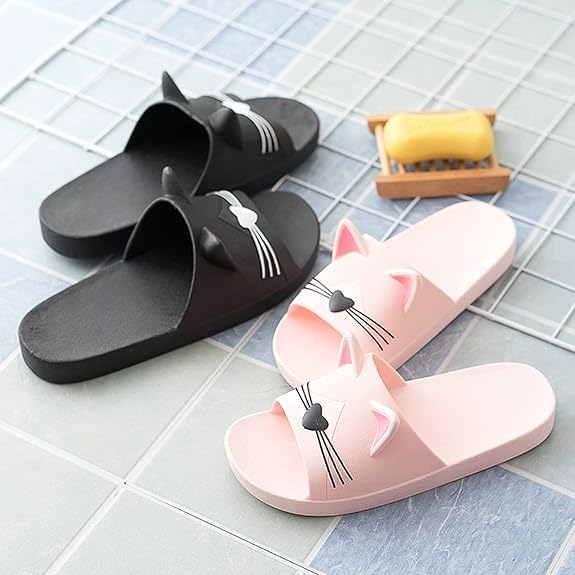 AioTio Katzen Schlappen Pantoffel Damen Bequem Rutschfeste Badelatschen Mädchen Weich Slipper (38/39EU) Schwarz
