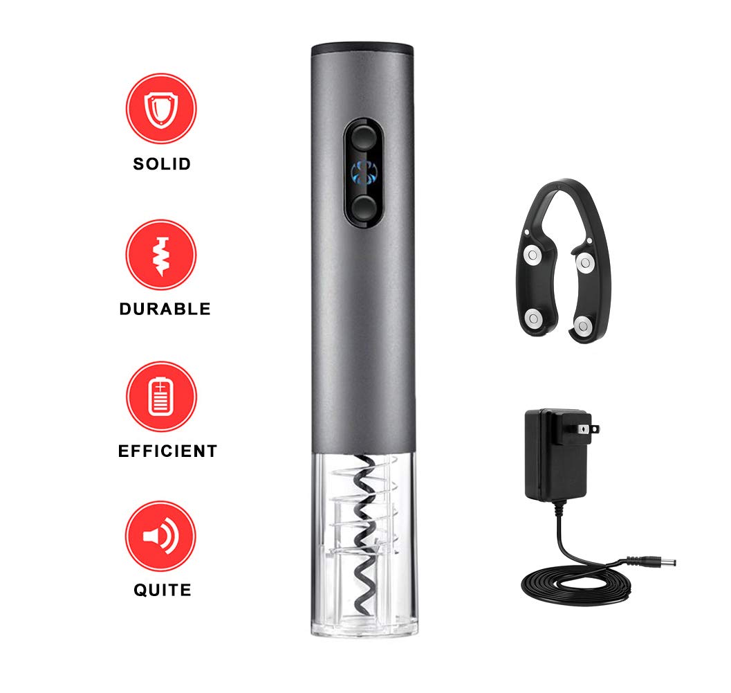 Rechargeable Electric Wine Opener with Foil Cutter and Charger - Cordless Rechargeable Battery Powered Automatic Bottle Opener/Corkscrew for Kitchen by HYTX (Silver)
