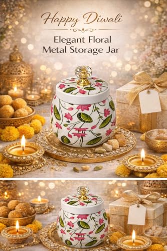 Image of Decorative Flower Printed Pichwai Jars | Metal Storage Jars with Lid | Traditional Indian Art Containers for Sweets, Spices, Pooja & Return Gifting