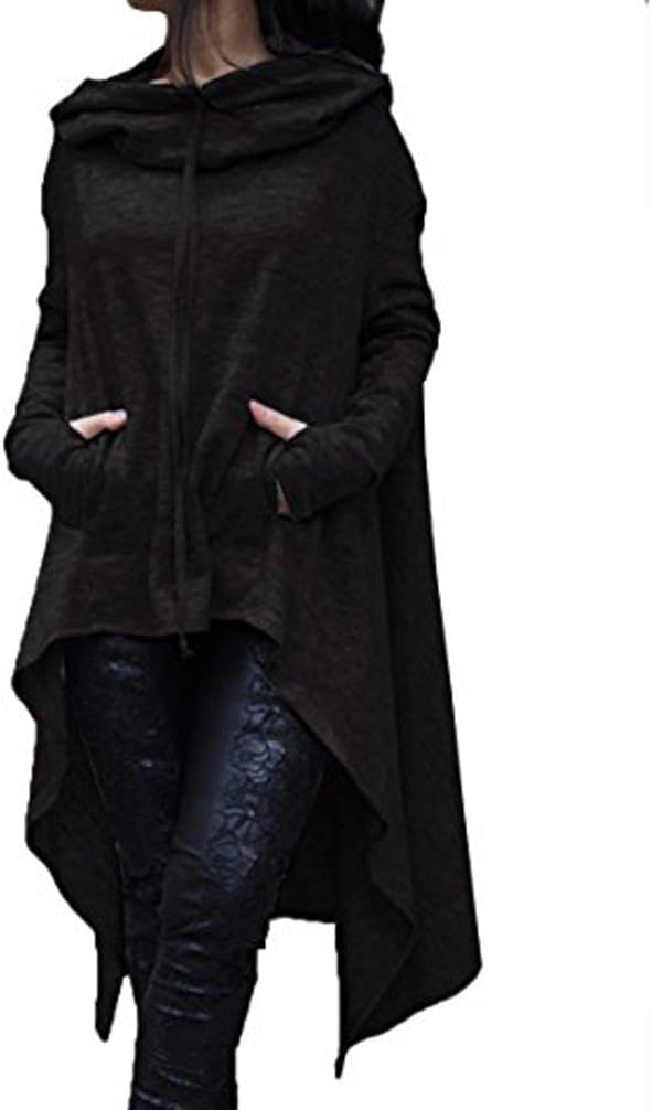 HHLJ Womens Long Sleeve Irregular Maxi Solid Color Hooded Sweatshirts Blouse Top Dress w/Pocket (Black, 3XL)