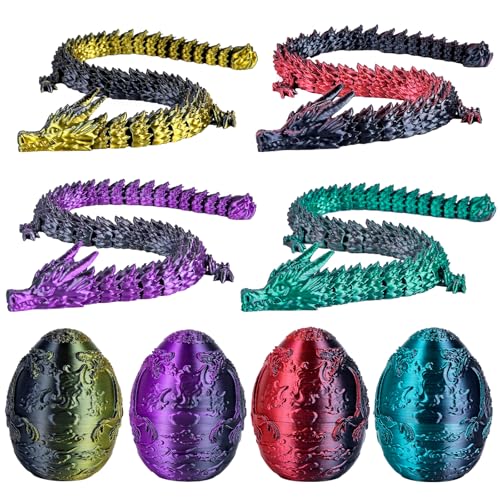 3Dgenius 4Pcs 2.76" 3D Printed Dragon Eggs with Dragons Inside, 9.84" Articulated Dragon Fidget Toy Set, Mystery Dragon Egg for Kids & Adults, Desk Decor, Cool Birthday Easter, 4Pack2