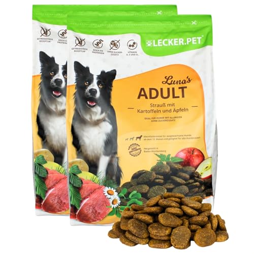 Lecker.Pet® | 8 kg Luna's Strauß mit Kartoffel & Apfel Hunde Trockenfutter Vollnahrung | Getreidefreie Trockenvollnahrung | Alleinfutter für Erwachsene Hunde | Nährstoffreiche Proteinquelle