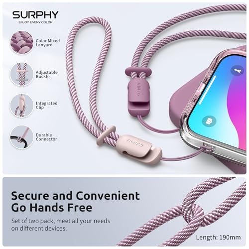 Image of SURPHY 2 Pack Phone Lanyard, Phone Wrist Strap for Case, Camera Wrist Strap | Ultra-Light 2-Color Braided Phone Strap, Cellphone Charm Strap, Anti-Lost Wrist Lanyard for Women and Men, Pink LilacPurple
