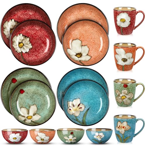 Qinyoung 16 Pcs Dinnerware Set Reusable Kitchen Bowls Plates and Mugs Set Ceramic Bowls Deep Plates...