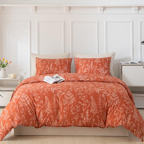 Image of Lekesky Floral Duvet Cover King Size 3-Piece, Burnt Orange