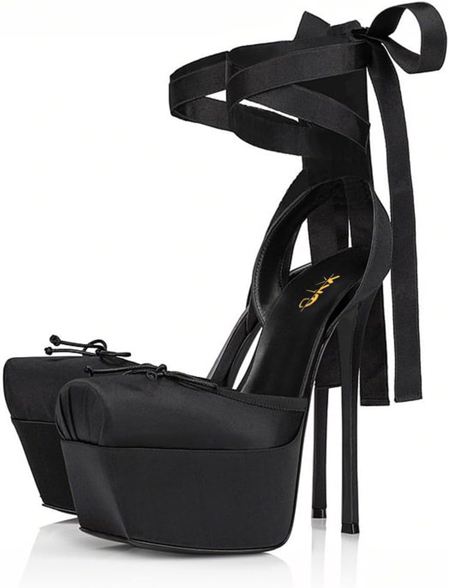 XYD Women Ribbon Lace-up Pumps Square Toe Ankle Strappy Bowknot Platform Stiletto Heels Evening Prom Shoes